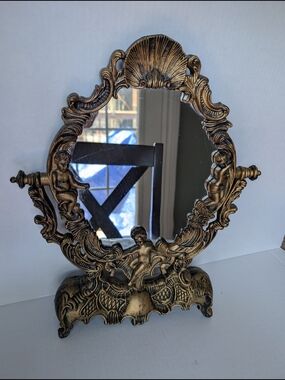 Vintage Ornate Gold Cherub Vanity Mirror - Victorian Rococo Style Tilt Mirror